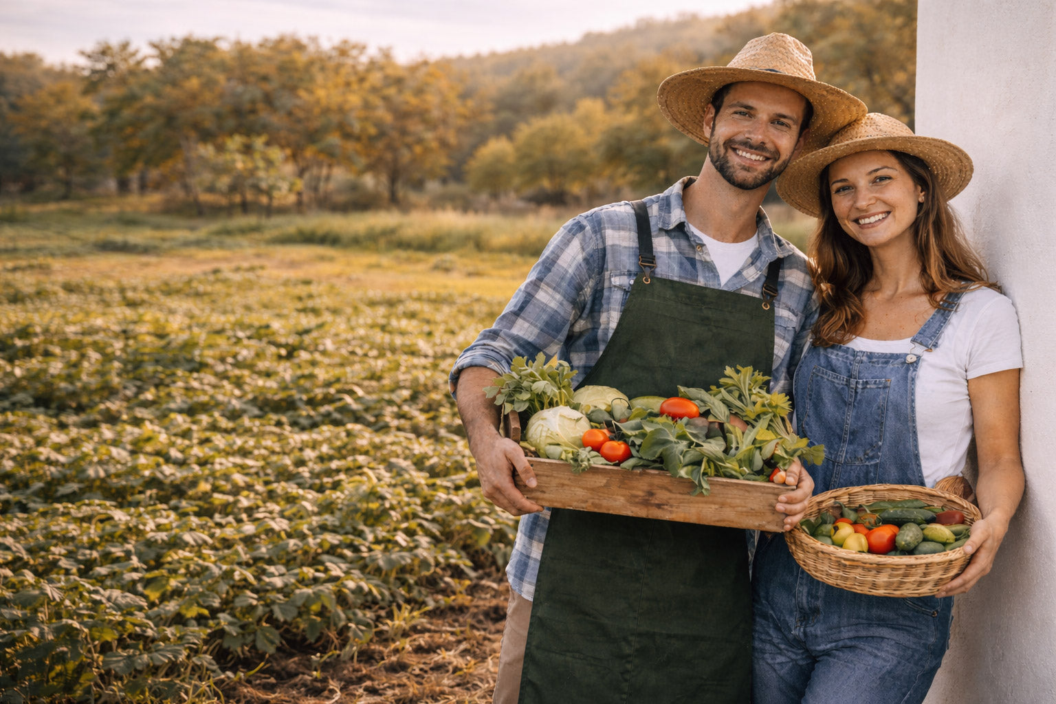Local farmers holding fresh vegetables at 40 Acre Farm in Calgary